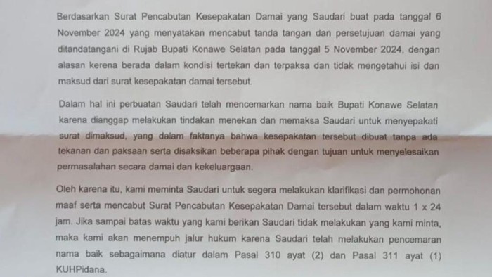 Surat somasi Pemkab Konawe Selatan ke guru Supriyani.
