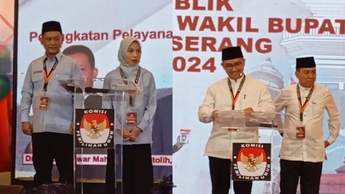 Andika Hazrumy-Nanang Supriatna dan Ratu Rahmatu Zakiyah-Najib Hamas dalam debat Pilbup Serang, Jumat (8/11/2024).