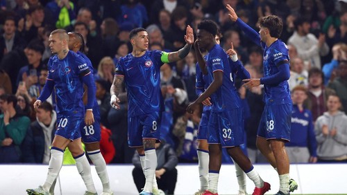 Soccer Football - Europa Conference League - Chelsea v Noah - Stamford Bridge, London, Britain - November 7, 2024 Chelseas Joao Felix celebrates scoring their fourth goal with teammates Action Images via Reuters/Matthew Childs