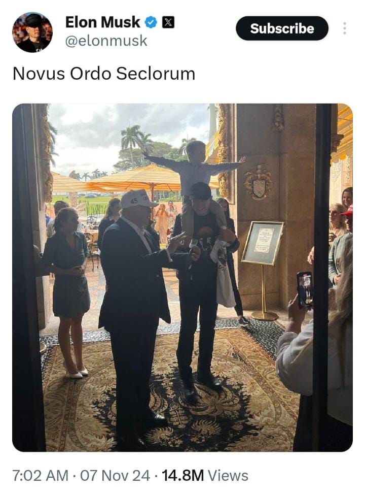 Cuitan Novus Ordo Seclorun oleh Elon Musk di akun X pribadinya. (Dok: @ Elon Musk)
