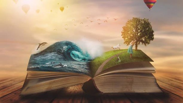 Concept of an open magic book; open pages with water and land and small child. Fantasy, nature or learning concept, with copy space