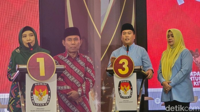 Rohmi-Firin dan Iqbal-Dinda saat debat kedua Pilgub NTB, Jumat (8/11/2024). (Helmy Akbar / detikBali)