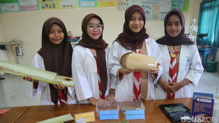 Siswi SMA PGRI 2 Kayen saat mempraktekkan pembuatan limbah pelepah pisang sebagai inovasi material protesa kaki palsu, Jumat (8/11/2024).
