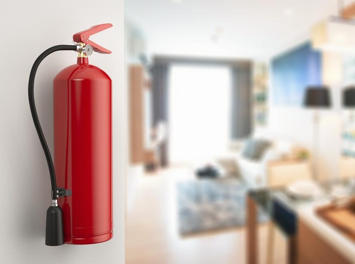 3d rendering fire extinguisher in house or home use