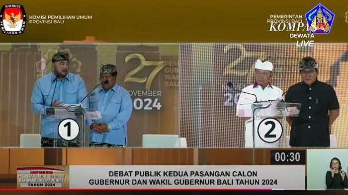 Dua paslon saat mengikuti debat kedua Pemilihan Gubernur (Pilgub) Bali 2024 pada Sabtu (9/11/2024). (Tangkapan layar Youtube KPU Bali)