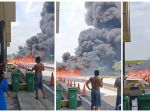 Fuso Angkut Oli dan Thinner Terbakar di Rest Area Tol Lampung