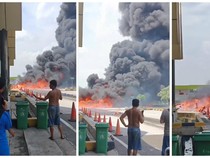 Fuso Angkut Oli dan Thinner Terbakar di Rest Area Tol Lampung