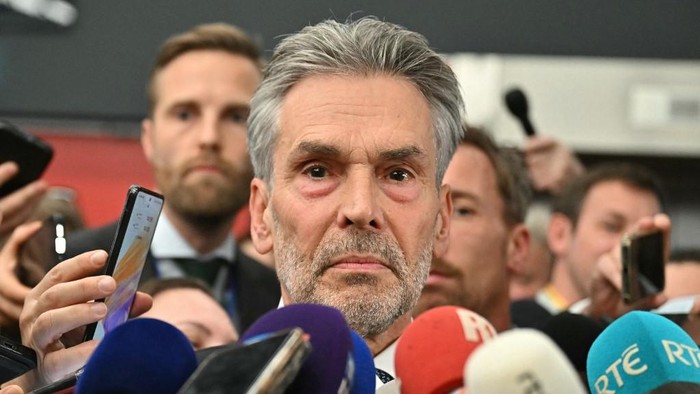 Netherlands Prime Minister Dick Schoof delivers a press statement at the end of an Informal Meeting of Heads of State or Government of the European Union in Budapest, Hungary, on November 8, 2024. The fifth meeting of the European Political Community will see leaders from across Europe in Budapest and will address security challenges, including the war in Ukraine and the ongoing escalation in the Middle East. (Photo by Attila KISBENEDEK / AFP)