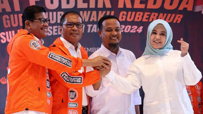 Cagub dan cawagub mengikuti debat kedua Pilgub Sulsel, Minggu (10/11/2024). Debat itu mengusung tema ekonomi, infrastruktur dan tata kelola sumber daya alam.