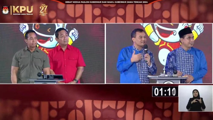 Palon Pilgub Jateng nomor urut 1 Andika-Hendi dan nomor urut 2 Luthfi-Yasin dalam Debat Kedua di Semarang, Minggu (10/11/2024).