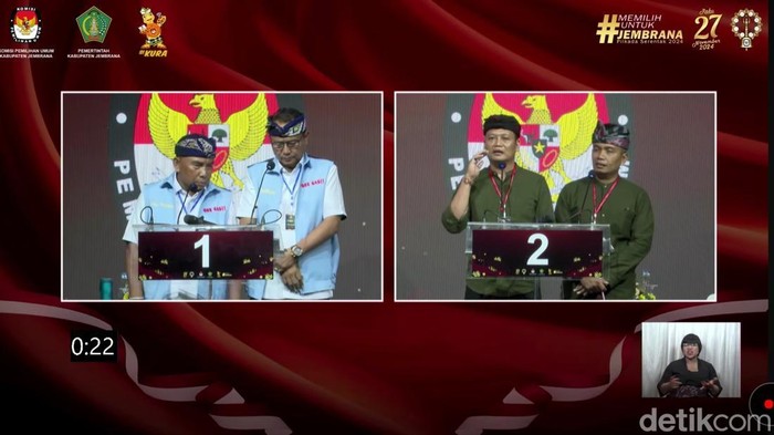 Tangkapan layar debat kedua Pemilihan Bupati (Pilbup) Jembrana 2024 berlangsung panas pada Minggu (10/11/2024) malam di Denpasar.