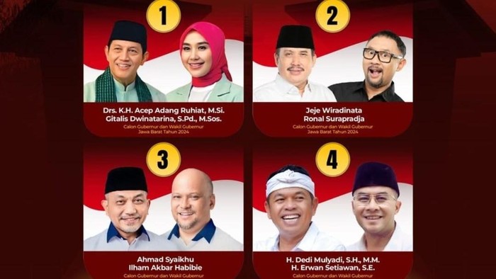 4 paslon di Pilgub Jabar 2024 yang akan mengikuti Debat Publik pada Senin (11/11/2024).