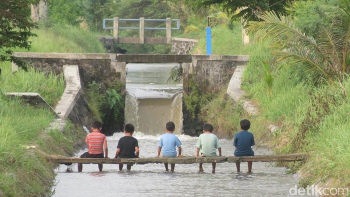 Anak-anak bermain air di Selokan Van Der Wijck wilayah Sumberagung, Moyudan pascasaluran dibuka. Foto diunggah Senin (11/11/2024).