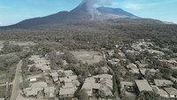 Debu vulkanis dari erupsi Gunung Lewotobi Laki-laki menutupi atap bangunan-bangunan dan pepohonan di Desa Boru, Wulanggitang, Kabupaten Flores Timur, Nusa Tenggara Timur, Senin (11/11/2024).
