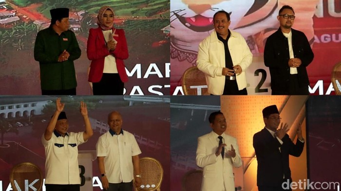 Empat paslon Cagub-Cawagub Jabar 2024 saat debat publik perdana, Senin (11/11/2024).