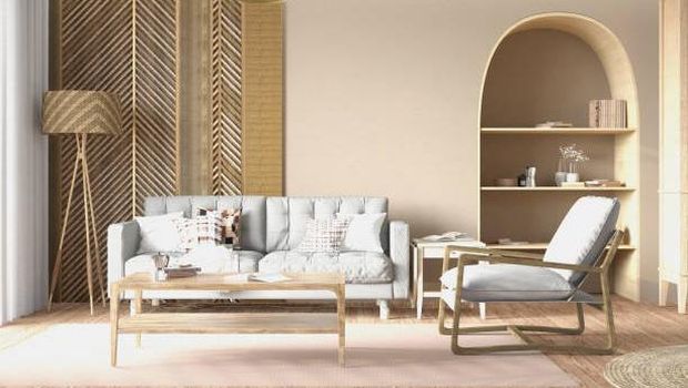 Ilustrasi dekorasi warna beige Ruangan dengan dinding warna beige, di rumah minimalis.