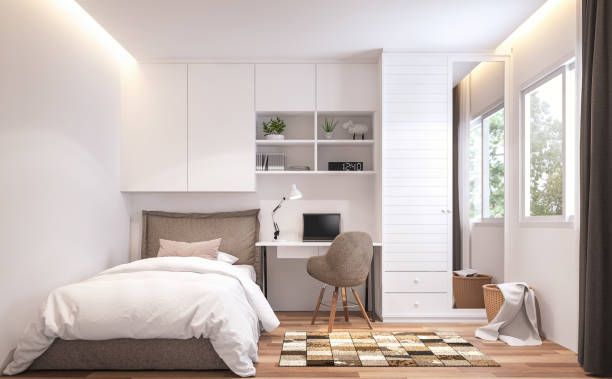 Ilustrasi ruang kamar rumah minimalis dengan nuansa cat putih.