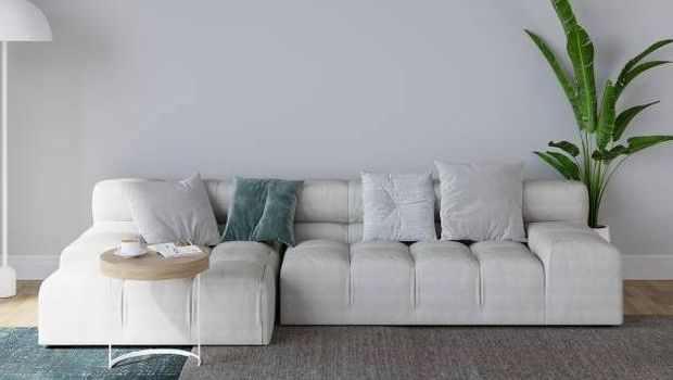 Ilustrasi ruangan dengan warna cat dinding soft gray.