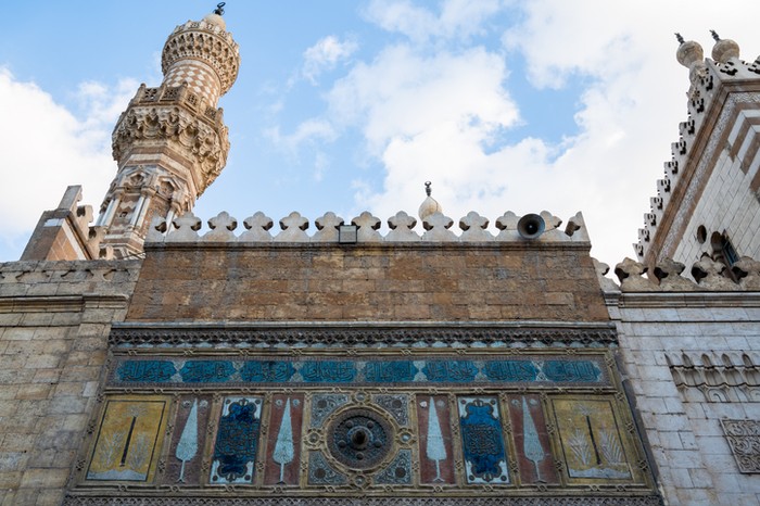 Egyptian mosque in Islamic Cairo. Al-Mu'izz li-Din Allah of the Fatimid dynasty commissioned its construction for the newly established capital city in 970.
