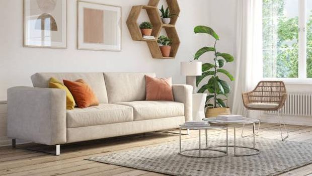 Bohemian living room interior 3d render with  beige colored furniture and wooden elements