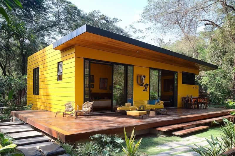Rumah kayu minimalis berwarna cerah.