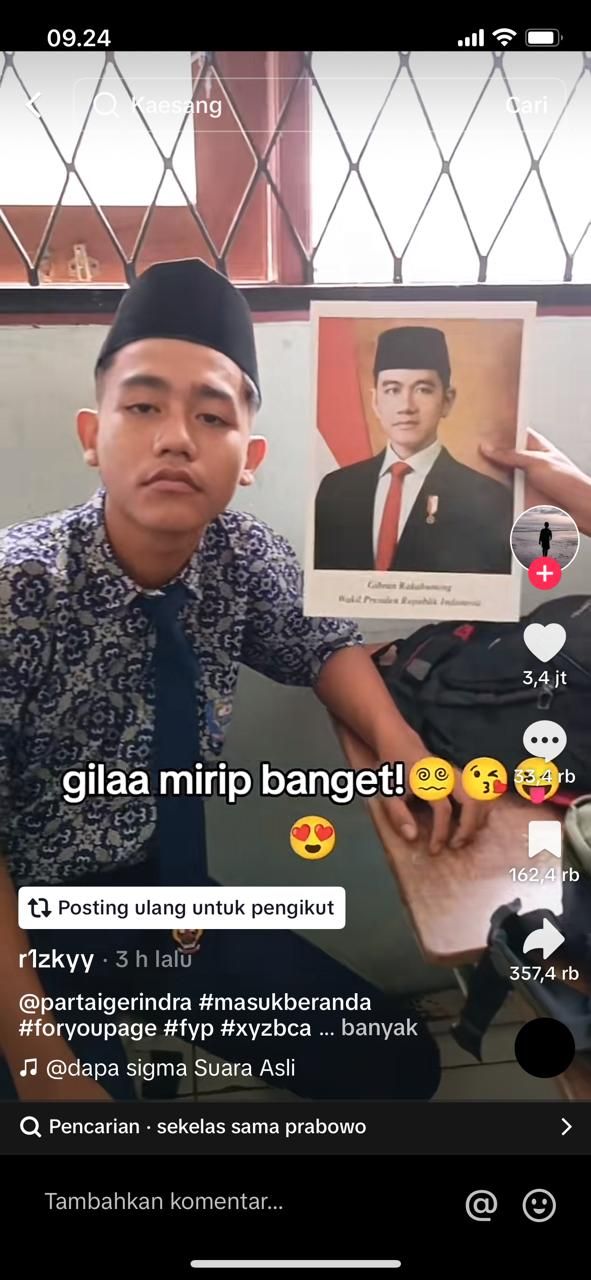 Tangkapan layar video viral di media sosial siswa SMP mirip Wapres Gibran