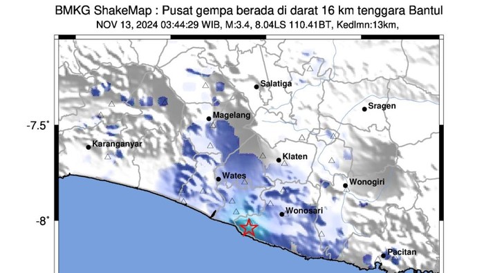 Gempa M 3,4 di Bantul pukul 03.44 WIB, Rabu (13/11/2024).