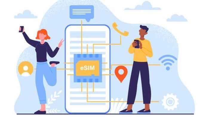 Built in eSim concept. Man and woman near SIM card at smartphone. Distance communication and interaction. Mobile wireless connection and internet, 5G. Cartoon flat vector illustration