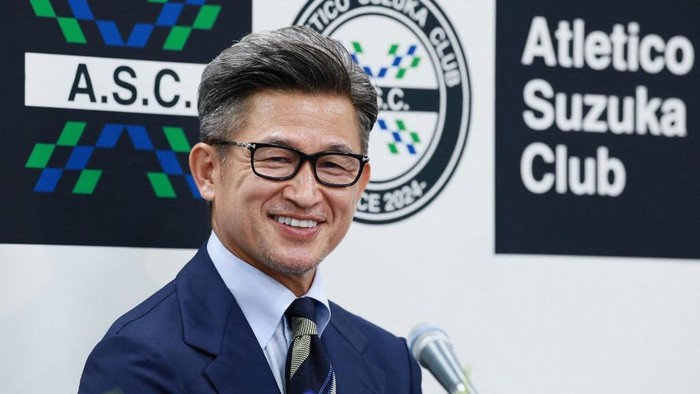 Former Japan international Kazuyoshi Miura holds a press conference to announce his joining Atletico Suzuka on a temporary transfer at the National Stadium in Tokyo on June 25, 2024. (Photo by AFP)