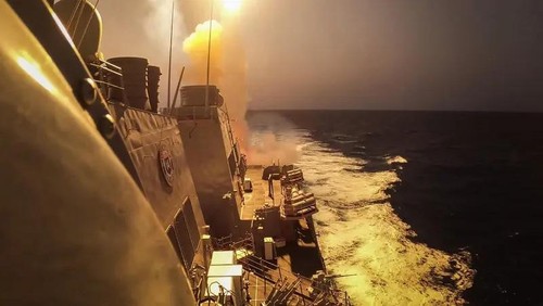 USS Carney (DDG 64) defeating a combination of Houthi missiles and unmanned aerial vehicles in the Red Sea, Oct. 19, 2023. (Reuters)