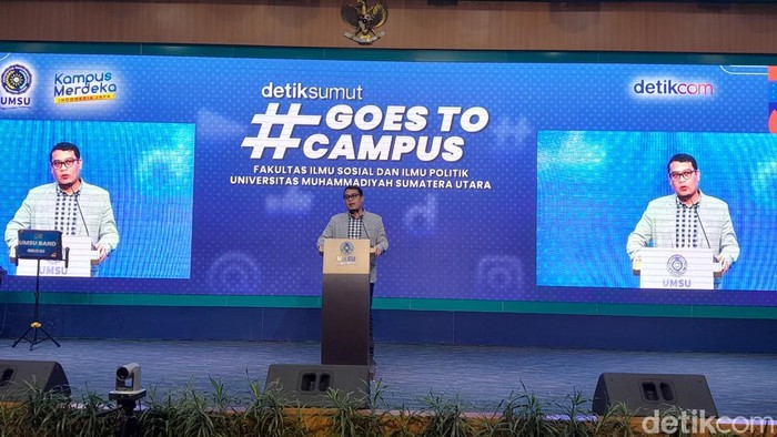 Wakil Rektor III UMSU Assoc. Prof Rudianto saat sambutan di acara detiksumut #GoesToCampus (Foto: Nizar Aldi/detikSumut)