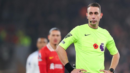 LIVERPOOL, ENGLAND - NOVEMBER 09: Referee David Coote during the Premier League match between Liverpool FC and Aston Villa FC at Anfield on November 09, 2024 in Liverpool, England. (Photo by James Gill - Danehouse/Getty Images)