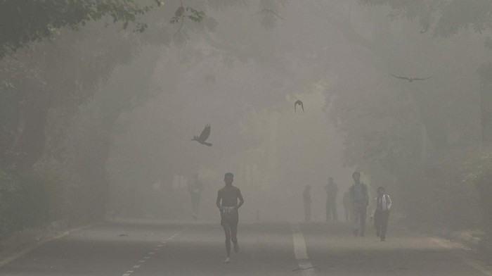 A man jogs as he participates in a marathon while the sky is enveloped with smog after Delhi’s air quality was classified as hazardous amidst severe air pollution, in New Delhi, India, November 14, 2024. REUTERS/Anushree Fadnavis