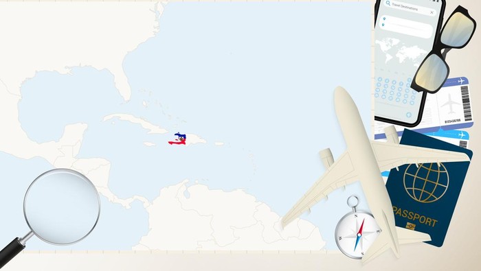 Haiti map and flag, cargo plane on the detailed map of Haiti with flag, passport, magnifying glass and airplane. Vector template.