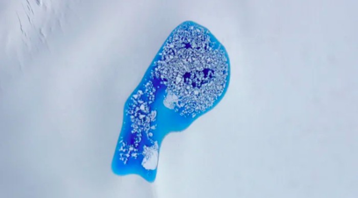 Foto dari udara yang diambil pada 2014 menunjukkan genangan air lelehan es berwarna biru cerah di atas gletser Alaska. Kolam lelehan es serupa semakin umum di seluruh Kutub Utara akibat perubahan iklim dan semakin mempercepat laju hilangnya es di wilayah tersebut.