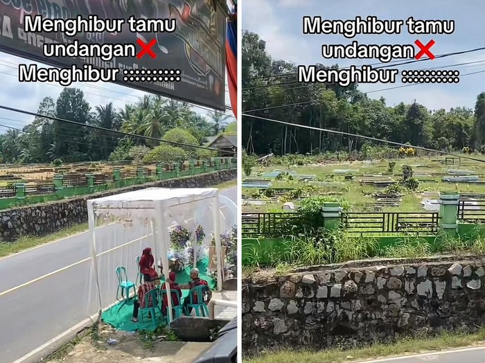 Posisi panggung hiburan acara pernikahan yang berada di pinggir jalan umum ini, menjadi sorotan karena menghadap area pemakanan.