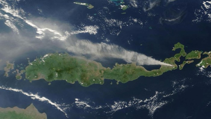 A satellite image shows a column of ash and smoke spewing out of a volcano in East Nusa Tenggara province,Indonesia, November 13, 2024. Nasa Worldview/Handout via REUTERS    THIS IMAGE HAS BEEN SUPPLIED BY A THIRD PARTY. MANDATORY CREDIT