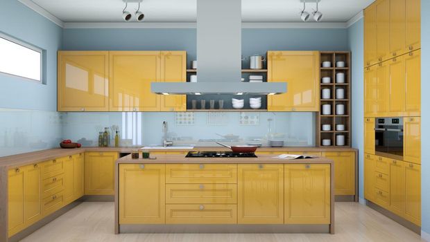 3d Illustration of a yellow modern kitchen interior design