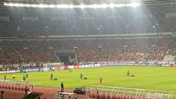Petugas melakukan pemotongan rumput jelang laga Timnas Indonesia Vs Jepang, Jumat (15/11/2024). Hal ini dilakukan untuk menjaga rumput dalam keadaan terbaik.