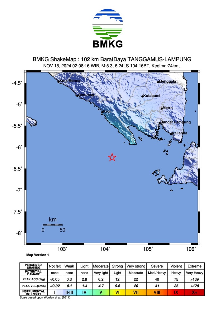 Gempa M 5,3 dekat Lampung, 15 November 2024. (BMKG)