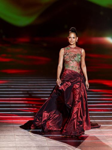 Actor Halle Berry presents a creation from the collection of Lebanese fashion designer Elie Saab during the 'The 1001 Season of ELIE SAAB' fashion show celebrating the fashion designer Saab's 45-year fashion career, as part of Riyadh Season in Riyadh, Saudi Arabia, November 13, 2024. REUTERS/Hamad I Mohammed