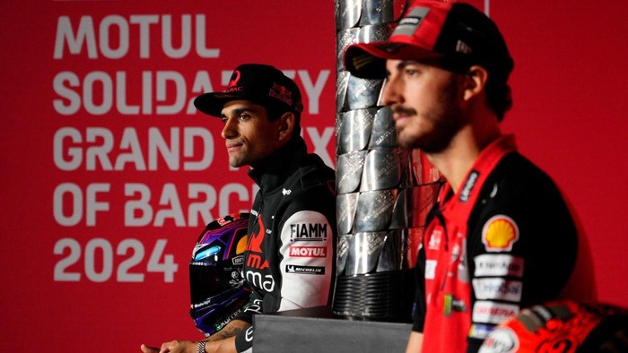 Jorge Martin (L) of Spain and Prima Pramac Racing Ducati and Francesco Pecco Bagnaia (R) of Italy and Ducati Lenovo Team during the press conference preview of the Motul Solidarity Grand Prix of Barcelona at Circuito de Jerez - Angel Nieto on April 29, 2023 in Jerez de la Frontera, Spain. (Photo by Jose Breton/Pics Action/NurPhoto via Getty Images)