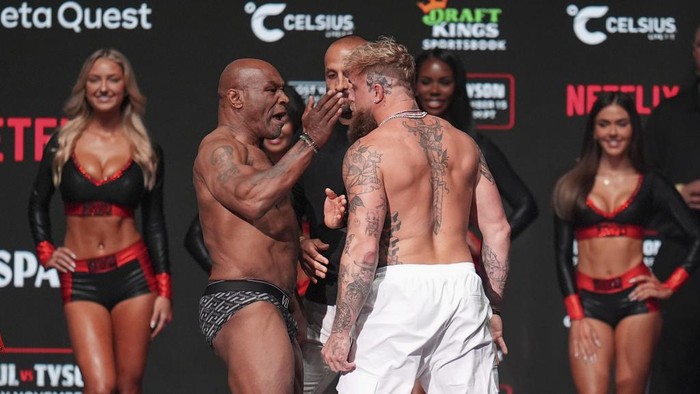 Mike Tyson vs Jake Paul Mike Tyson, left, slaps Jake Paul during a weigh-in ahead of their heavyweight bout, Thursday, Nov. 14, 2024, in Irving, Texas. (AP Photo/Julio Cortez)