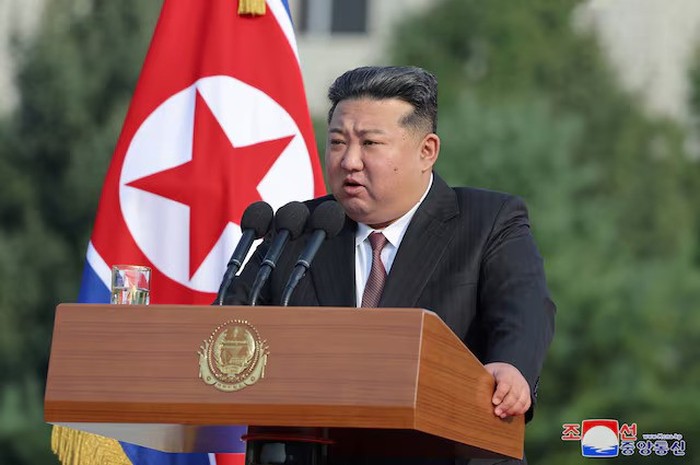 North Korean leader Kim Jong Un speaks during a visit to the National Defense University in Pyongyang, North Korea, October 7, 2024, in this photo released by North Koreas official Korean Central News Agency. KCNA via REUTERS/File Photo Purchase Licensing Rights