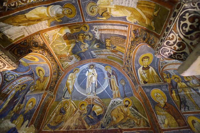 Byzantine frescoes of the life of Christ in the Dark Church at Goreme Open Air Museum Turkey. (Photo by: Education Images/Universal Images Group via Getty Images)