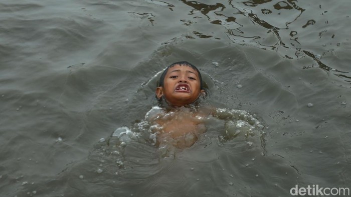 Aksi Anak-anak Taklukkan Arus BKB Sejumlah anak berenang di Banjir Kanal Barat, Jakarta, Sabtu (16/11/2024).