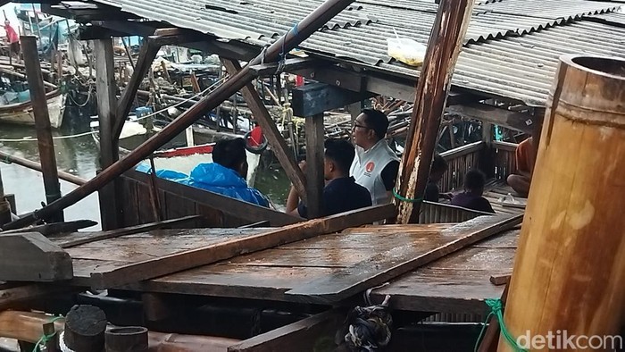 Cagub Jakarta nomor urut 1, Ridwan Kamil, mengecek kawasan pesisir dan tanggul di Cilincing, Jakut. RK mengungkit perintah dari Presiden Prabowo Subianto. (Kurniawan F/detikcom)