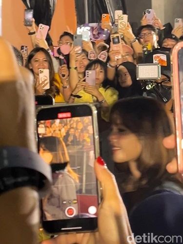 Berusaha melihat Lisa BLACKPINK di sesi send off 2024 Lisa Fan Meetup in Jakarta, Jumat (15/11/2024).