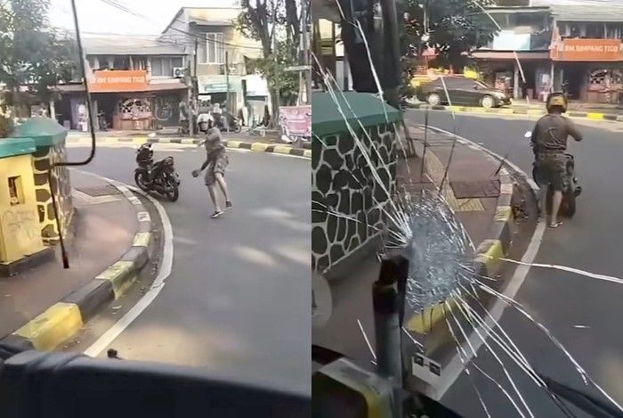 Viral pemotor lempar bus pakai batu.