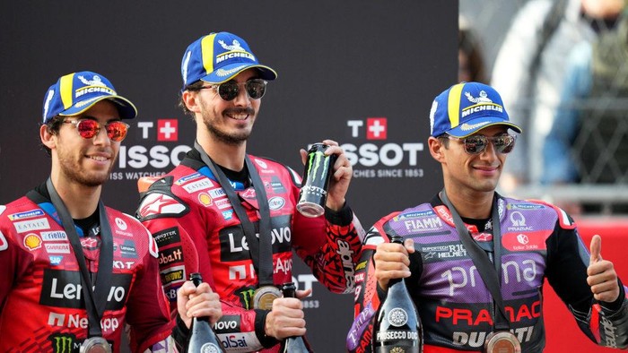 Enea Bastianini (23) of Italy and Ducati Lenovo Team, Francesco Pecco Bagnaia (1) of Italy and Ducati Lenovo Team, and Jorge Martin (89) of Spain and Prima Pramac Racing Ducati during the sprint of the Motul Solidarity Grand Prix of Barcelona at Circuit de Barcelona-Catalunya on November 16, 2024 in Barcelona, Spain. (Photo by Jose Breton/Pics Action/NurPhoto via Getty Images)